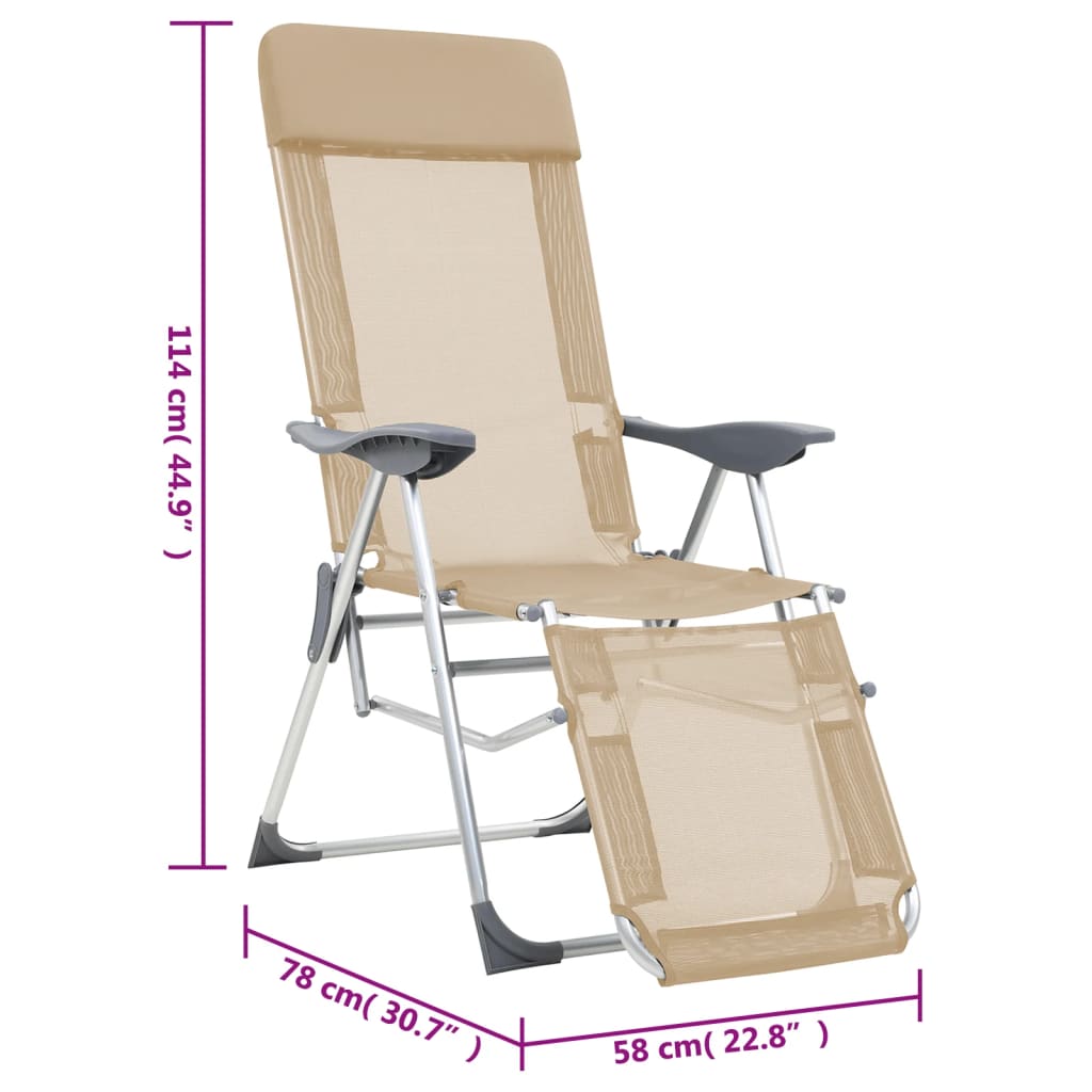 folding camping chairs, footrests, 2 pcs., beige textile