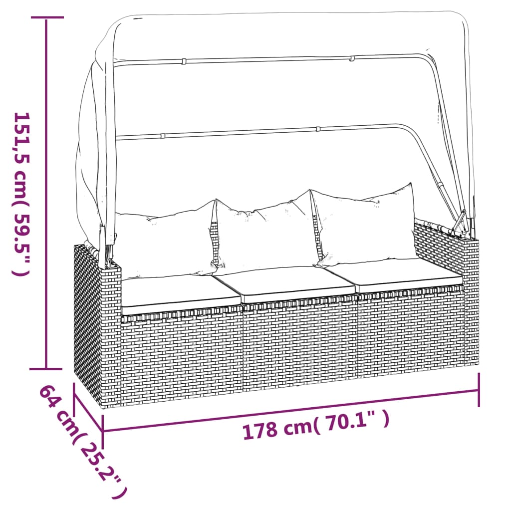 trīsvietīgs dārza dīvāns ar jumtu, kājsoliņu, PE rotangpalma