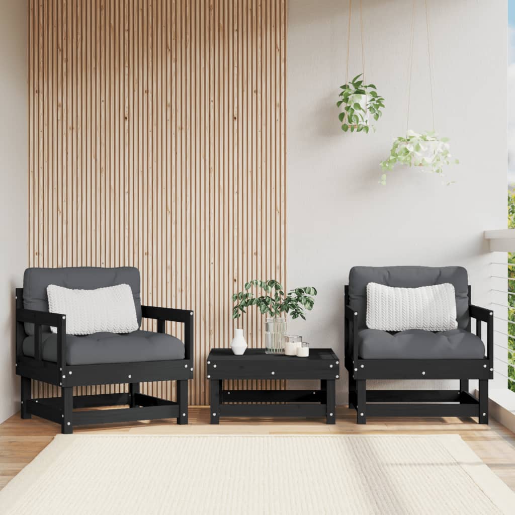 dārza krēsli ar matračiem, 2 gb., melns priedes masīvkoks
