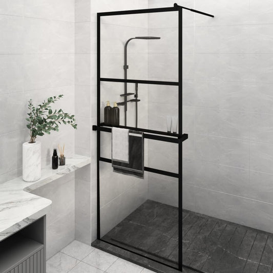 dušas siena ar plauktu, melna, 80x195 cm, ESG stikls, alumīnijs