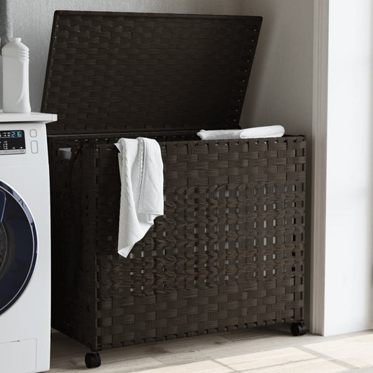 laundry basket with wheels, dark brown, 66x35x60 cm, rattan