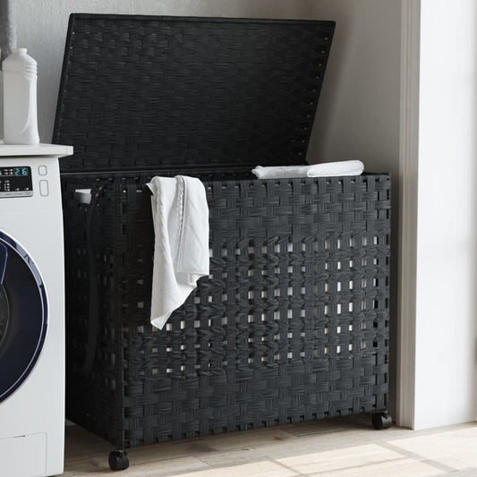laundry basket with wheels, black, 66x35x60 cm, rattan