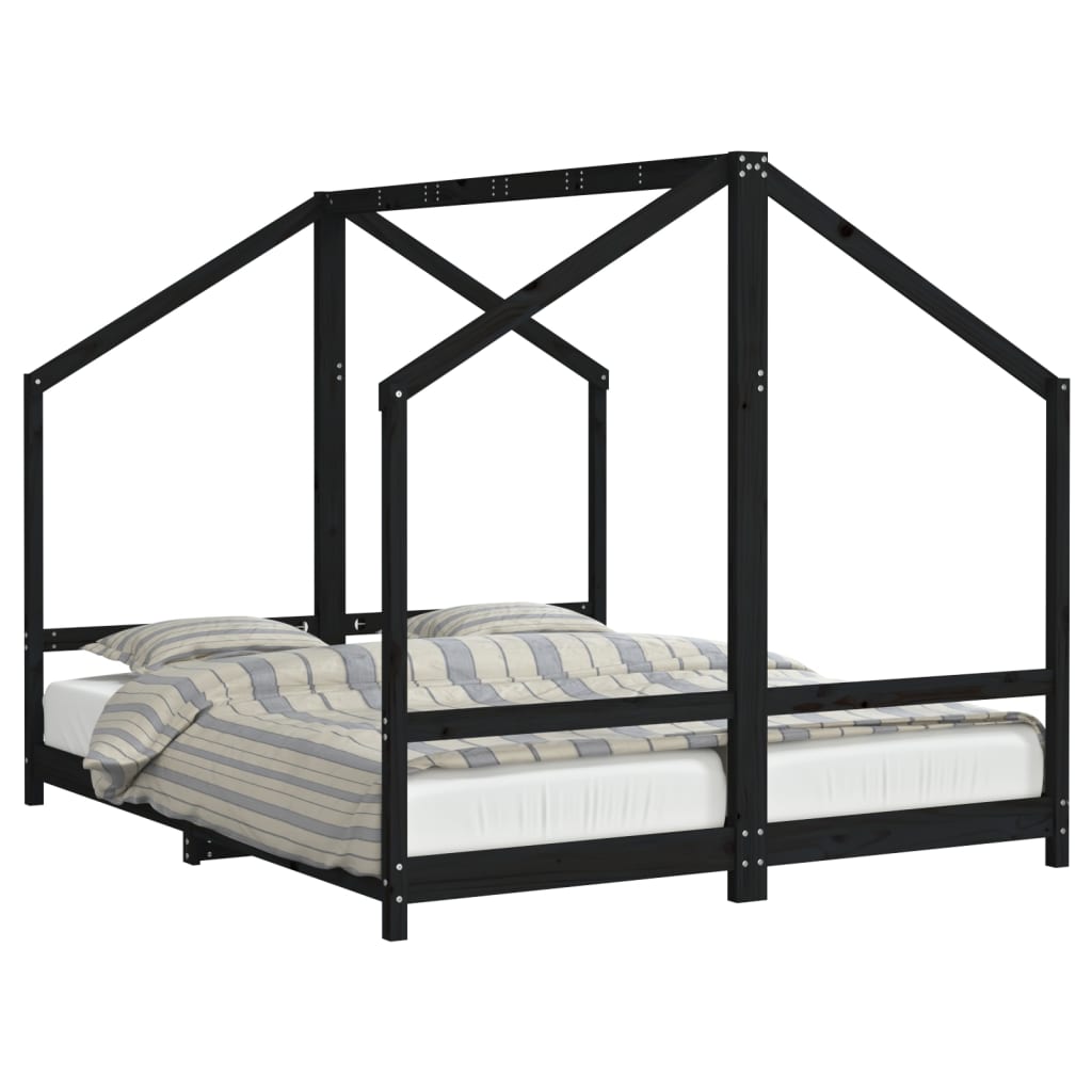 bērnu gultas rāmis, melns, 2x(80x200) cm, priedes masīvkoks