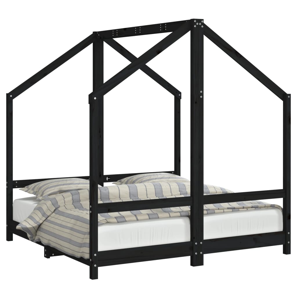 bērnu gultas rāmis, melns, 2x(70x140) cm, priedes masīvkoks
