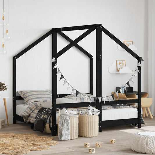 children's bed frame, black, 2x(70x140) cm, solid pine wood