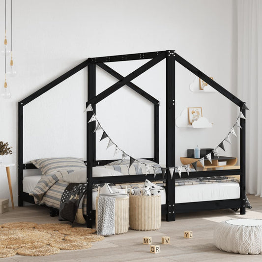 children's bed frame, black, 2x(80x160) cm, solid pine wood