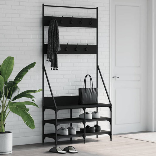 clothes hanger with shoe rack, black, 90x34x184 cm