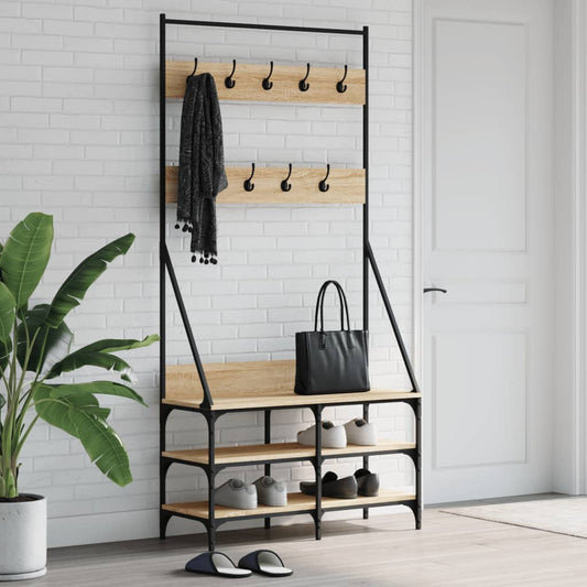 clothes hanger with shoe rack, oak color, 90x34x184 cm