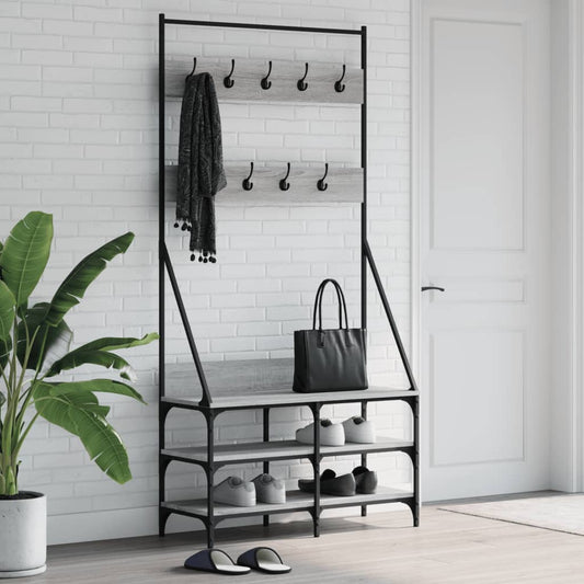 clothes hanger with shoe rack, gray oak, 90x34x184 cm