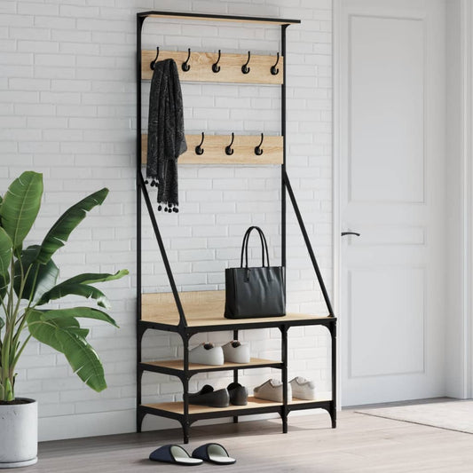 clothes hanger with shoe rack, oak color, 80x40x184 cm