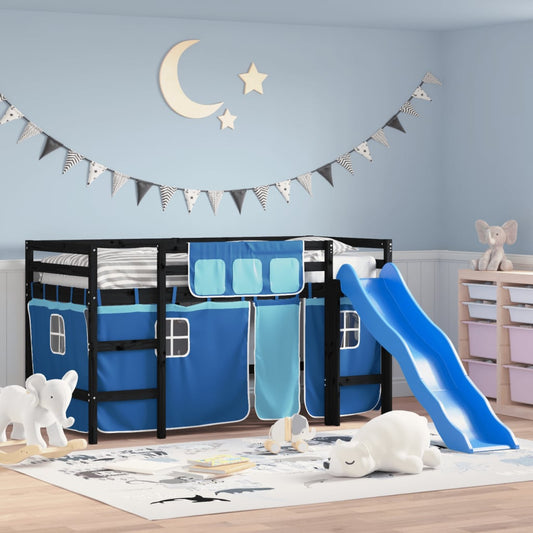 детская кровать со шторами, синяя, 80х200 см, массив сосны