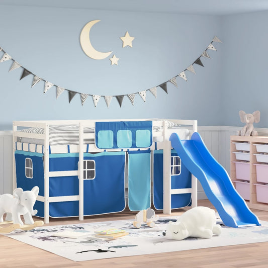 bērnu gulta ar aizkariem, zili, 90x200 cm, priedes masīvkoks