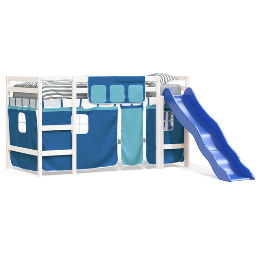 Bērnu gulta ar aizkariem, zili, 90x190 cm, priedes masīvkoks