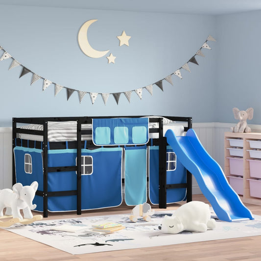 bērnu gulta ar aizkariem, zili, 90x190 cm, priedes masīvkoks