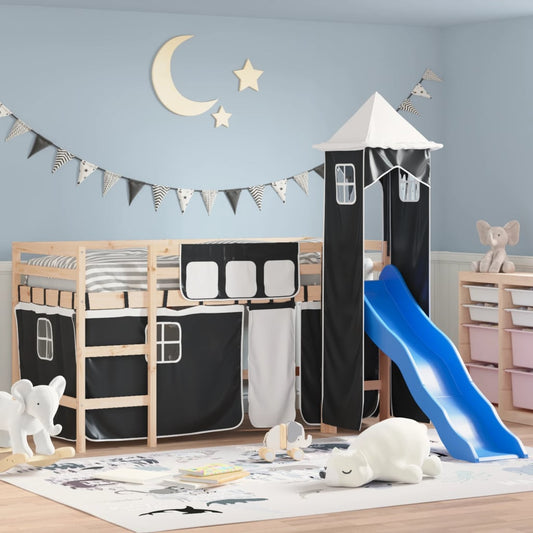 bērnu augstā gulta ar torni, melni balta, 90x200 cm, priede