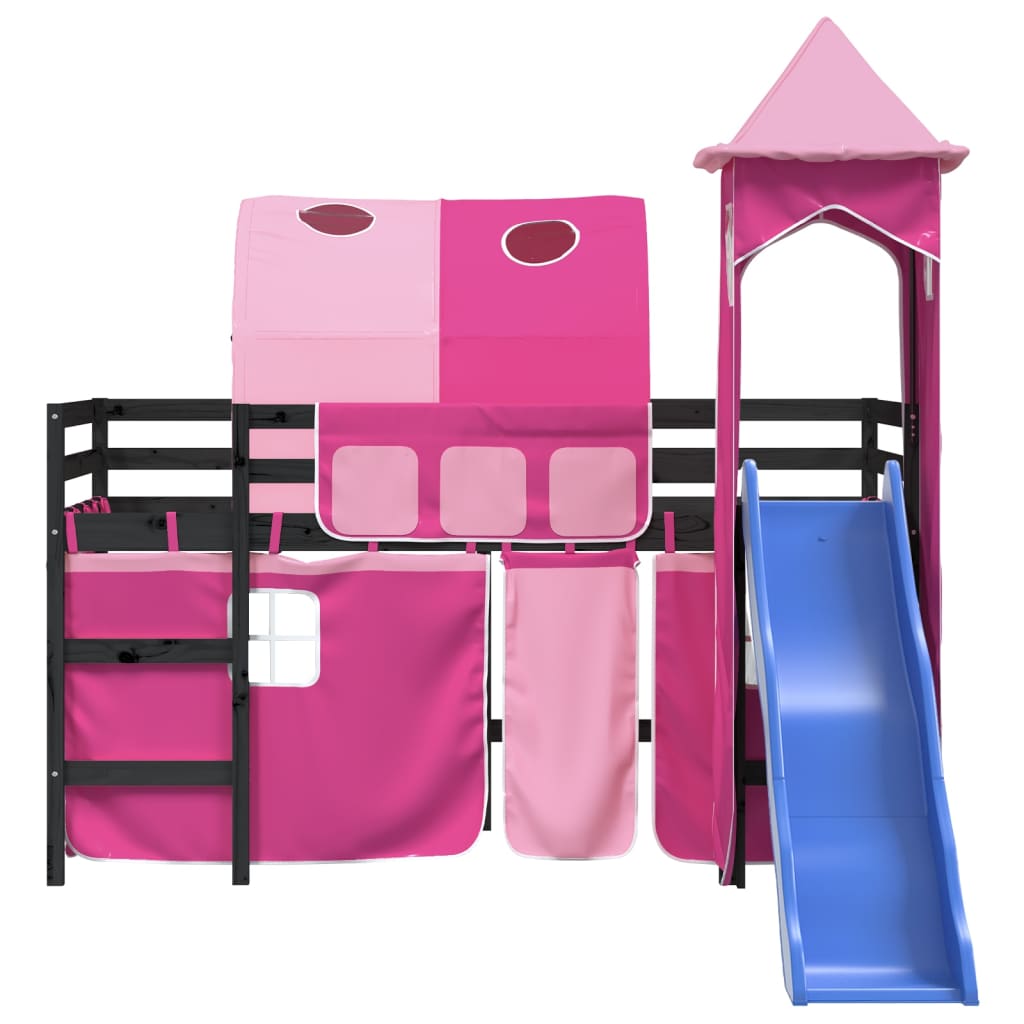 bērnu augstā gulta ar torni, rozā, 90x200 cm, priedes masīvkoks