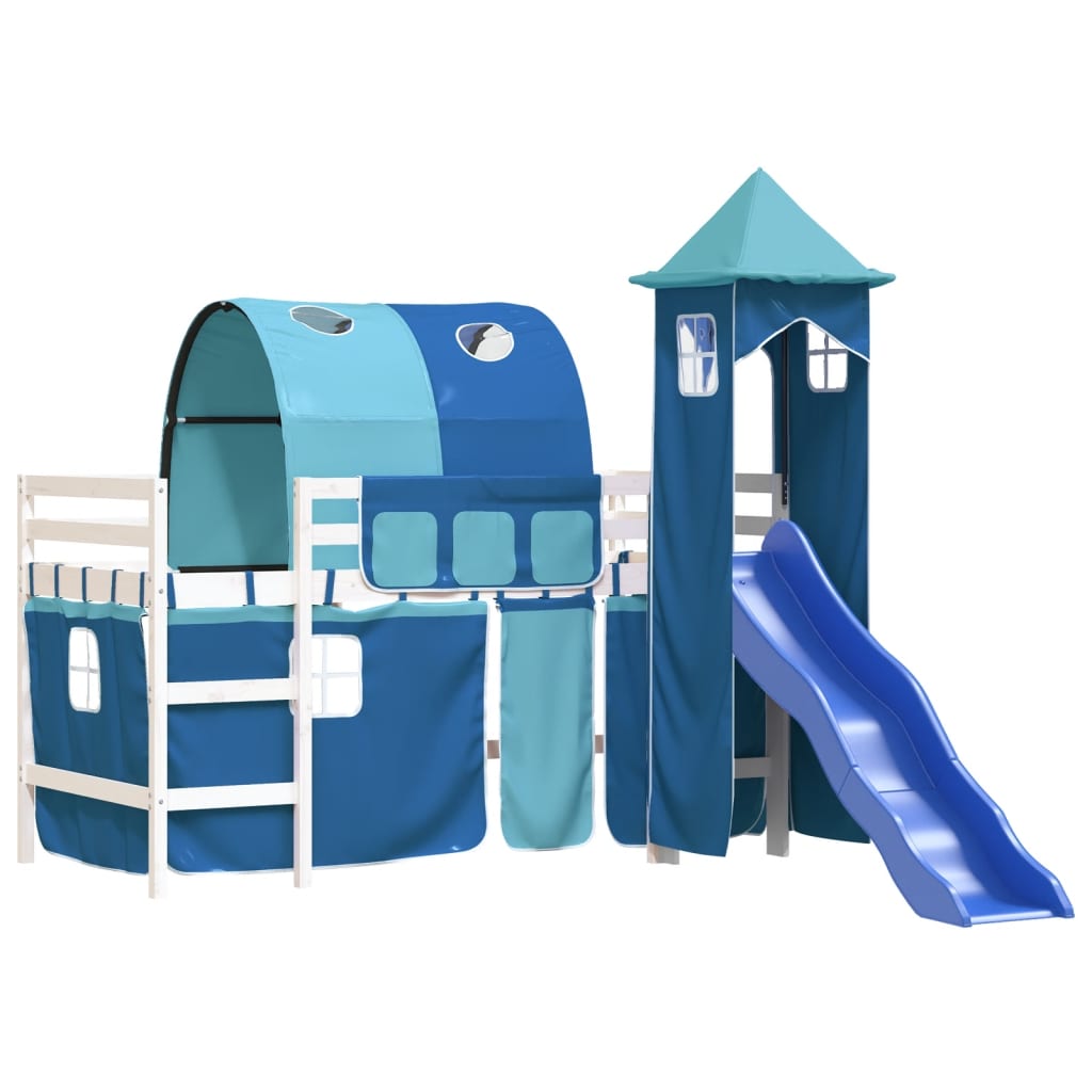 детская высокая кровать с башней, синяя, 90x190 см, сосна