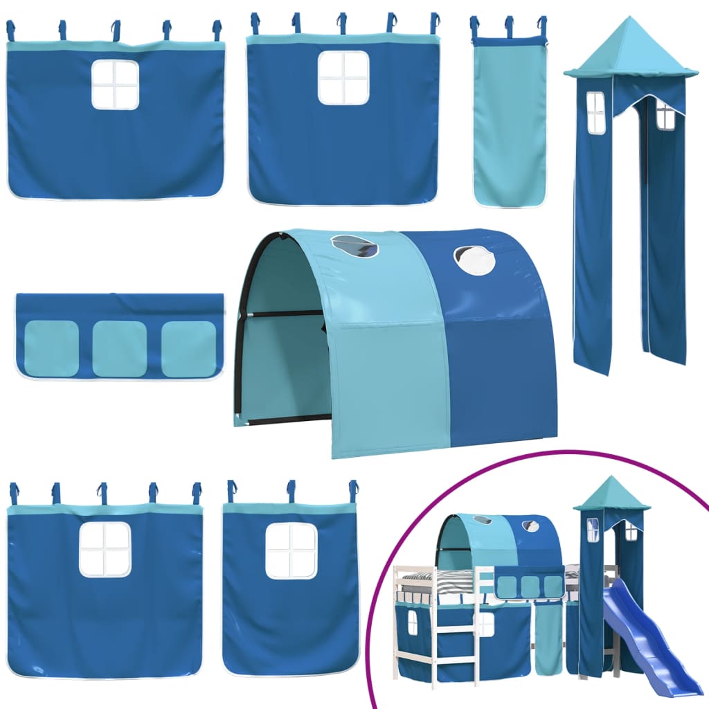 детская высокая кровать с башней, синяя, 90x190 см, сосна