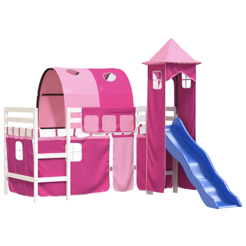 детская высокая кровать с башней, розовая, 90х190 см, массив сосны