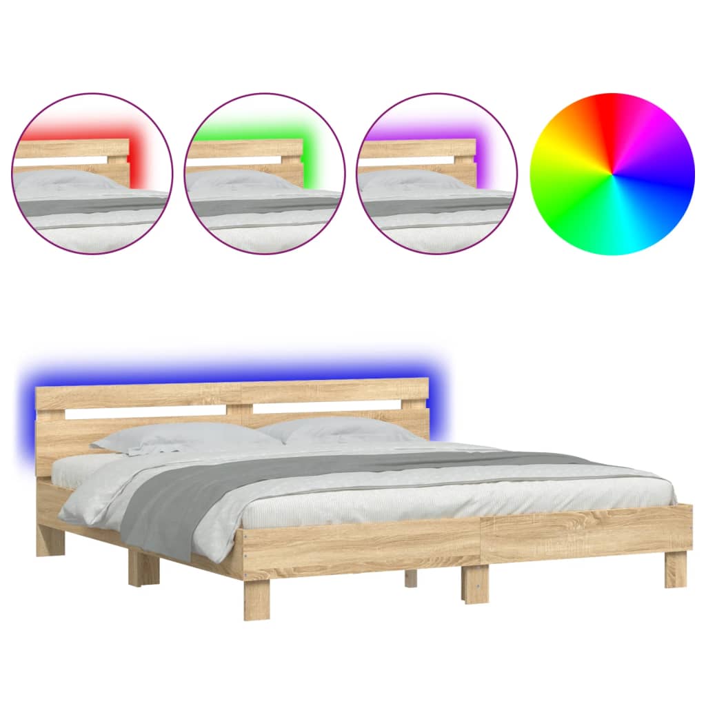 gultas rāmis ar galvgali un LED, koka krāsa, 200x200 cm