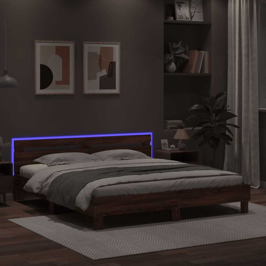 gultas rāmis ar galvgali un LED, brūna ozola, 200x200 cm