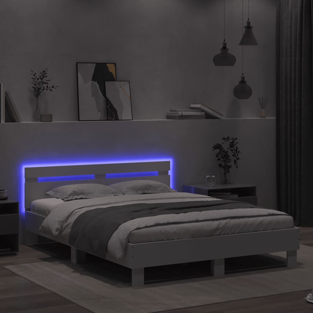 gultas rāmis ar galvgali un LED, balts, 150x200 cm