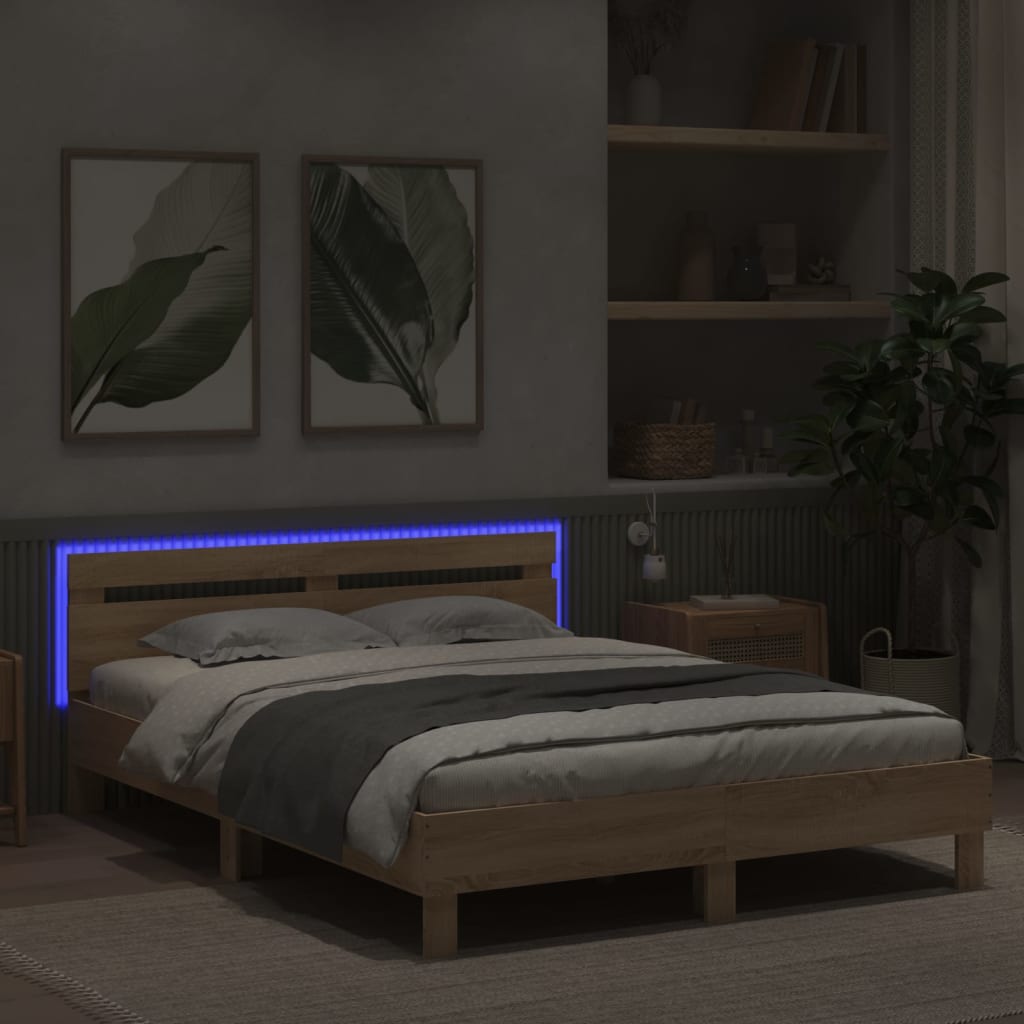 gultas rāmis ar galvgali un LED, koka krāsa, 150x200 cm