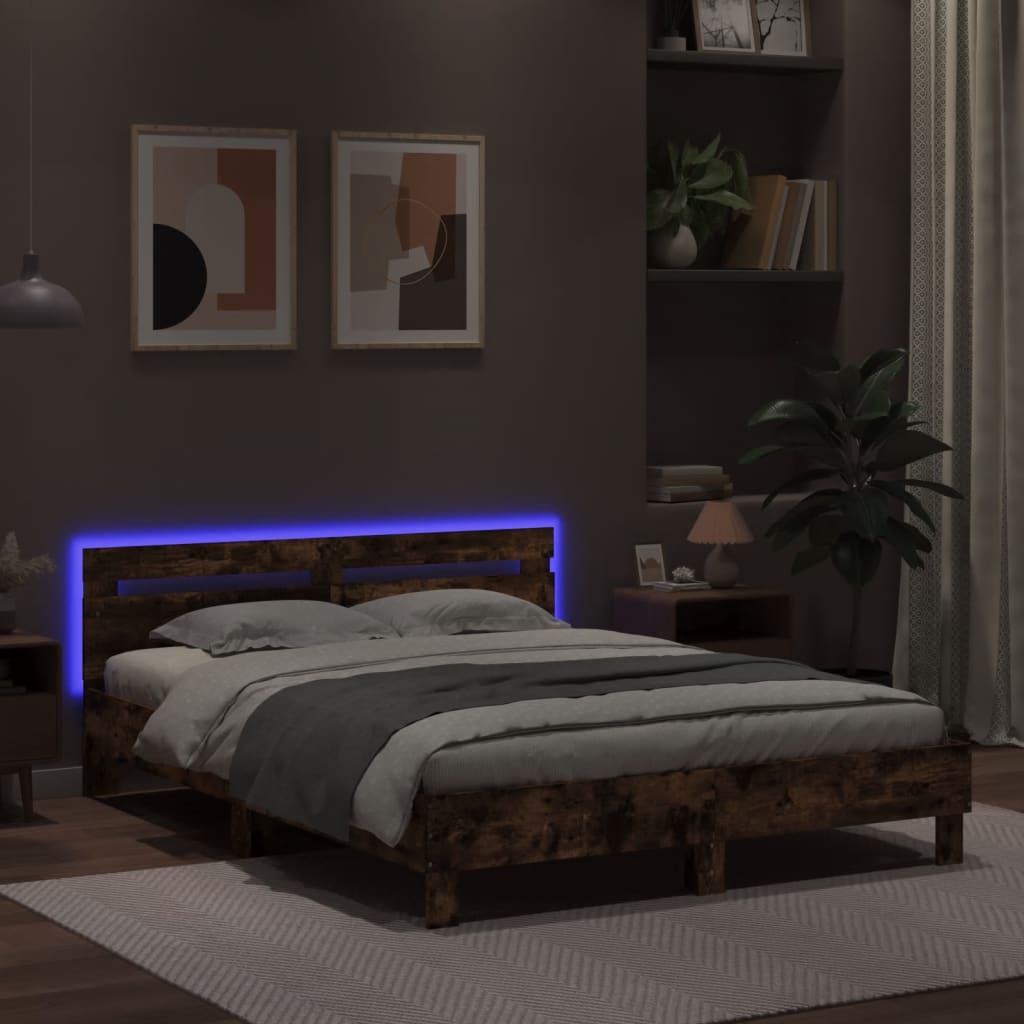 gultas rāmis ar galvgali un LED, koka krāsa, 150x200 cm